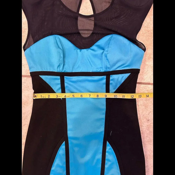Bebe Melany Mesh Top Satin Stretch Turquoise Black Bodycon Pencil Dress XS NWT - Picture 5 of 15